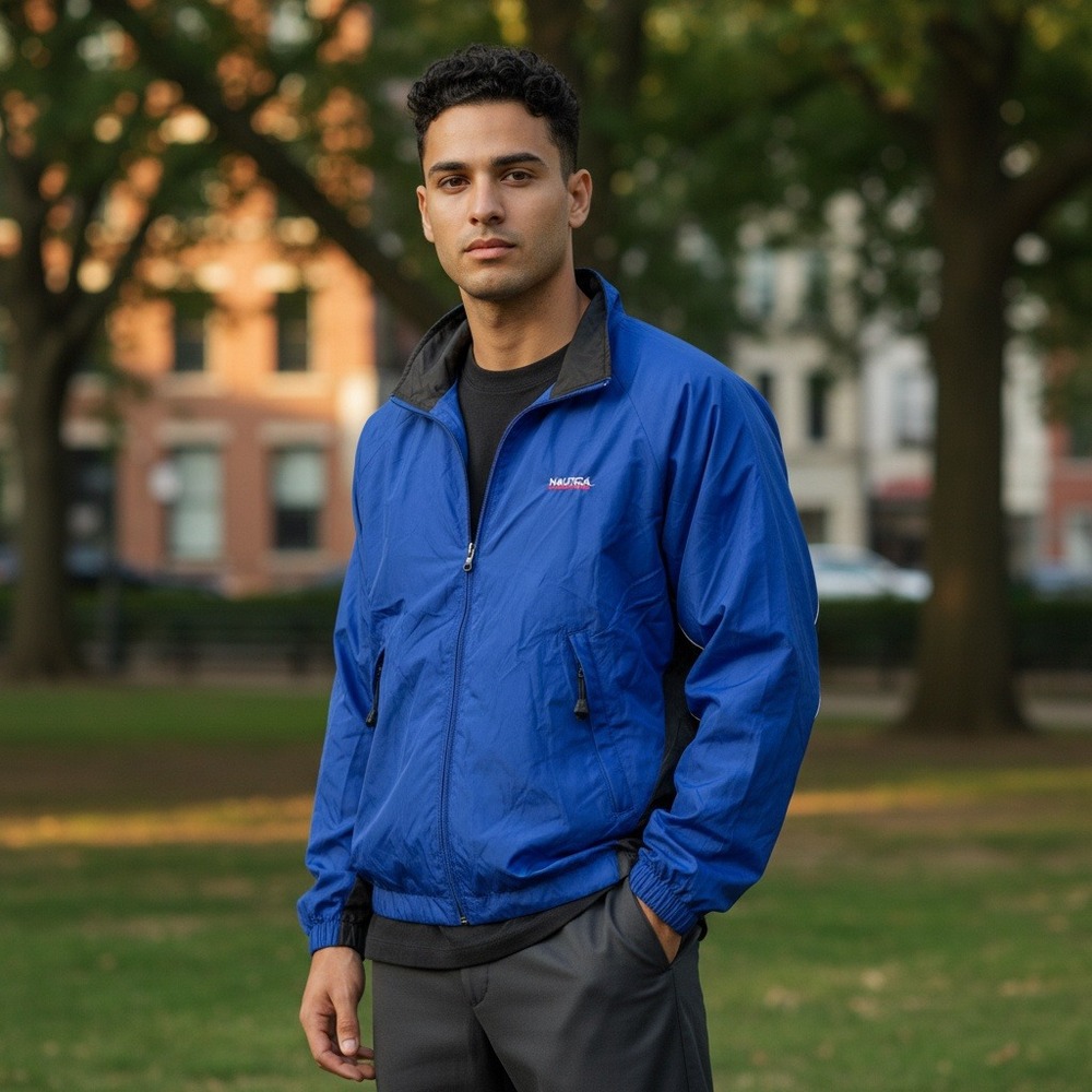 VTG Nautica Competition Blue Black Color Block Nylon Windbreaker‎ Jacket L NEW